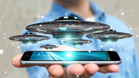 Businessman on blurred background with retro UFO spaceship 3D rendering