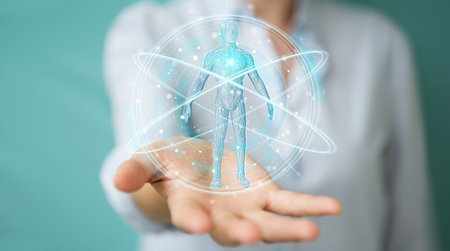 Businesswoman on blurred background using digital x-ray human body scan interface 3D renderingの写真素材