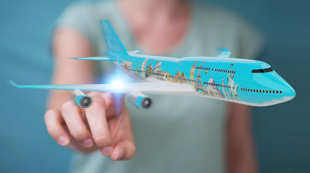 Businesswoman on blurred background with plane and famous landmarks of the world 3D rendering