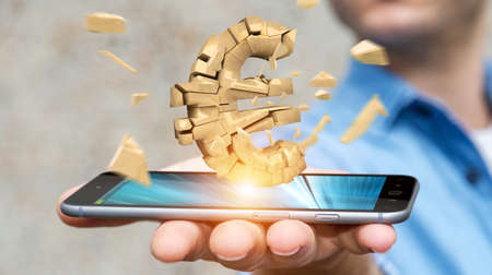 Businessman on blurred background with exploding dollar currency 3D renderingの写真素材