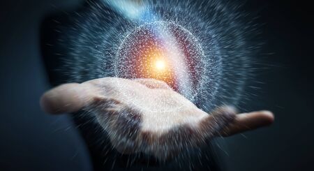 Businessman on blurred background using digital network connection sphere 3D renderingの写真素材