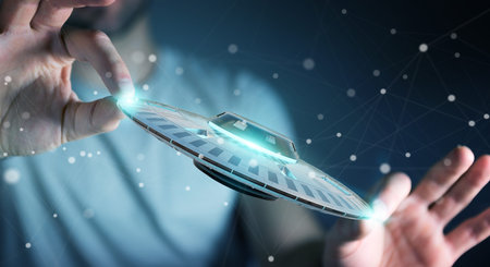 Businessman on blurred background with retro UFO spaceship 3D rendering