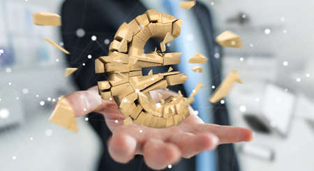 Businessman on blurred background with exploding dollar currency 3D renderingの写真素材
