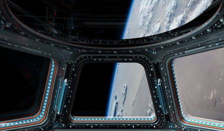 Window view of planet earth from a space station in space 3D rendering elements