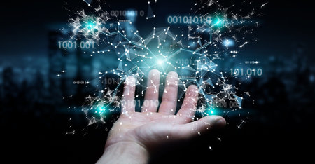 Businessman on blurred background using digital binary code connection network 3D rendering