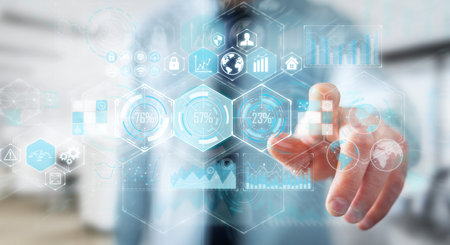 Businessman on blurred background using holograms datas on digital screens 3D rendering