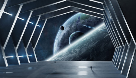 Huge blueish hall spaceship interior 3D