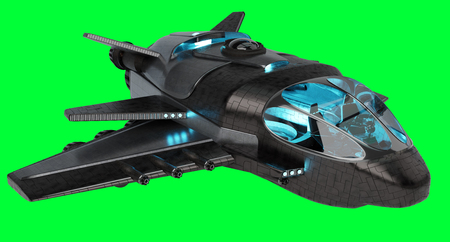 Black mettalic futuristic spacecraft isolated on green background 3D renderingの写真素材