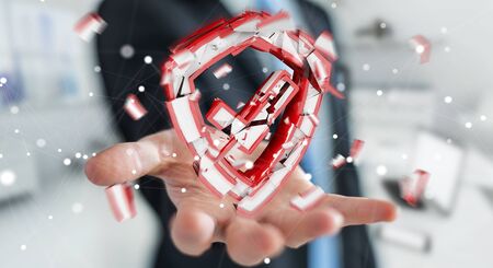 Businessman on blurred background facing security break 3D renderingの写真素材