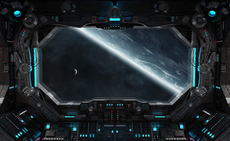 Spaceship grunge interior with view on planet Earth 3D rendering