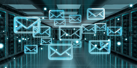 Digital white emails exchange over server room data center interior 3D rendering