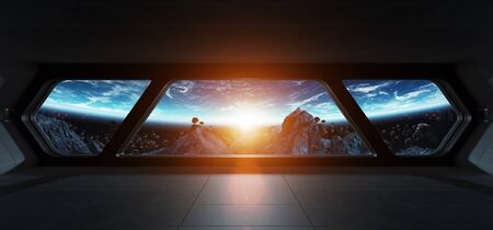 Spaceship futuristic interior with view on planet Earth 3D renderingの写真素材