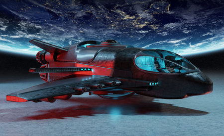 Black mettalic futuristic spacecraft on planet background 3D rendering