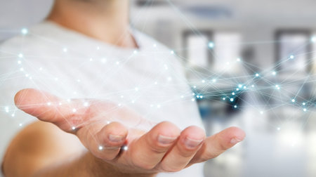 Businessman on blurred background using flying network connection 3D rendering