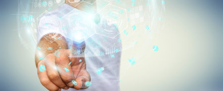 Businessman on blurred background using digital medical sphere 3D rendering