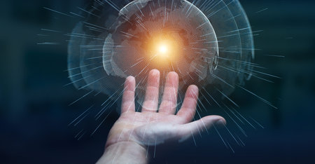 Flying earth network interface activated by businessman on blurred background 3D rendering