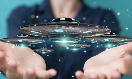 Businesswoman on blurred background with retro UFO spaceship 3D rendering