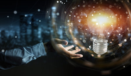 Businessman on blurred background connecting modern lightbulbs with connections 3D rendering