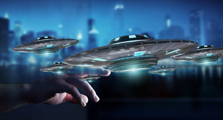 Businessman on blurred background with retro UFO spaceship 3D rendering