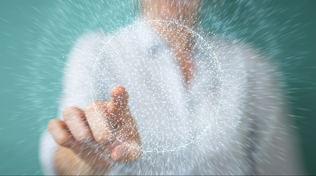 Businesswoman on blurred background using digital network connection sphere 3D renderingの写真素材