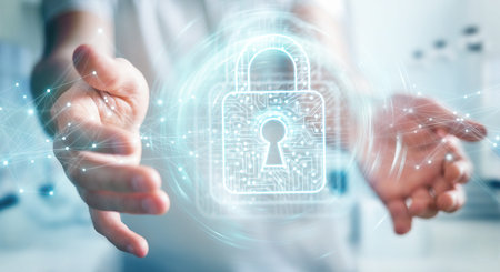 Businessman on blurred background using digital padlock with data protection 3D rendering