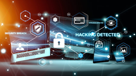 Antivirus interface over modern tech devices in dark background 3D rendering
