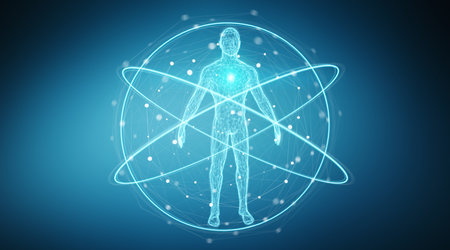 Digital x-ray human body scan interface on blue background 3D renderingの写真素材