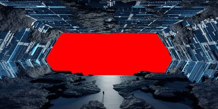 Huge blueish asteroid spaceship interior 3D renderingの写真素材