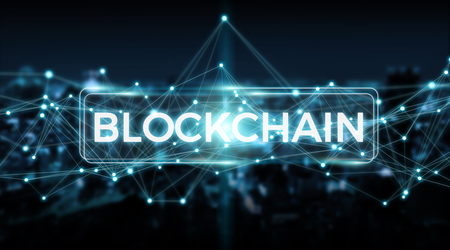 Blockchain connection on blurred city background 3D renderingの写真素材