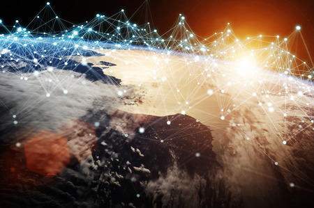 Connections system and global datas exchanges over the globe 3D renderingの写真素材