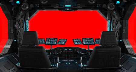 Spaceship grunge interior with view on a isolated red windowの写真素材