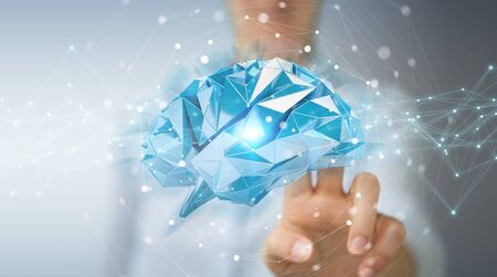 Businesswoman using digital x-ray human brain interface with cell and neurons activity 3D renderingの写真素材