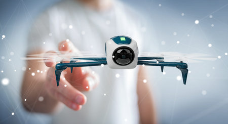 Businessman on blurred background using modern drone 3D rendering