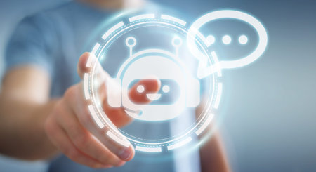 Businessman on blurred background chatting with chatbot application 3D rendering