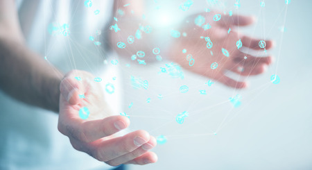 Businessman on blurred background using flying network connection interface 3D renderingの写真素材