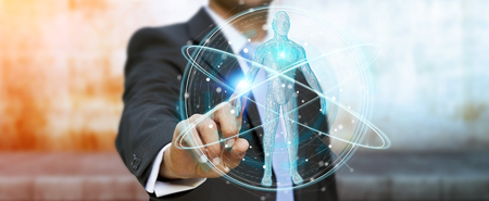 Businessman on blurred background using digital x-ray human body scan interface 3D renderingの写真素材