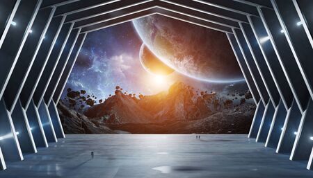 Huge blueish hall spaceship interior 3D rendering elements of this image furnished by NASAの写真素材
