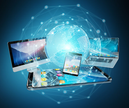 Tech devices and icons applications connected and isolated on blue background 3D rendering