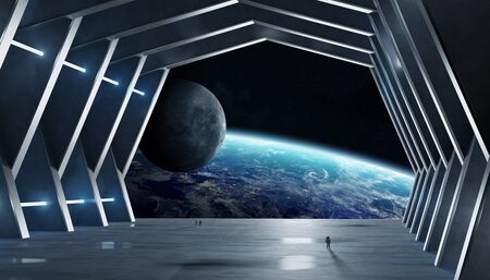 Huge blueish hall spaceship interior 3D rendering elements of this image furnished by NASAの写真素材