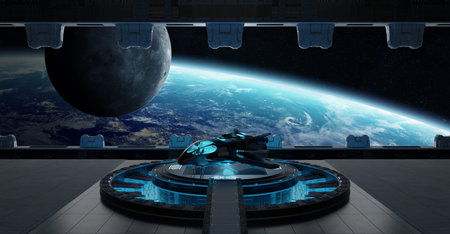 Huge blueish landing strip spaceship interior 3D rendering elements of this image furnished by NASA