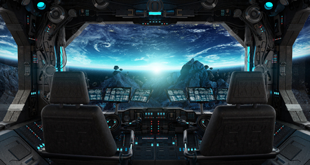 Spaceship grunge interior with view on planet Earth 3D rendering elements of this image furnished by NASAの写真素材