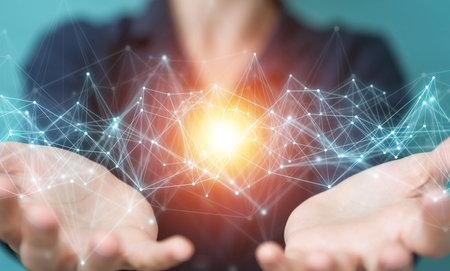 Businesswoman on blurred background using flying network connection 3D rendering