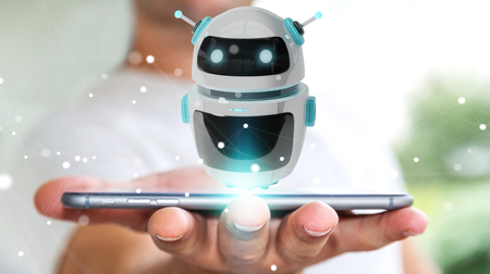 Businessman on blurred background using digital chatbot robot application 3D renderingの写真素材