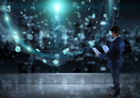 Businessman watching digital sphere interface on a rooftop with a city view 3D renderingの写真素材