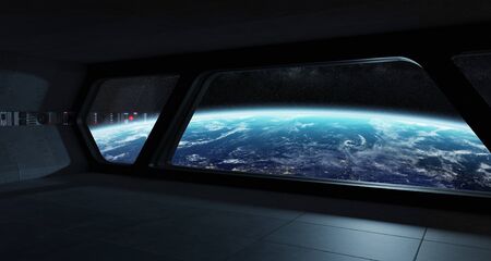 Spaceship futuristic interior with view on planet Earth 3D renderingの写真素材