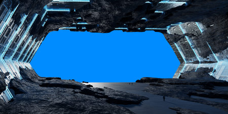 Huge blueish asteroid spaceship interior 3D rendering