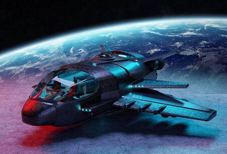 Black metallic futuristic spacecraft on planet background 3D renderingの写真素材