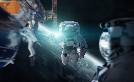 Astronaut in space working on a space station 3D rendering