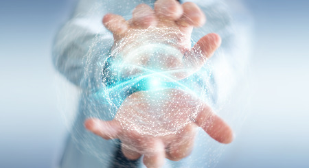 Businessman on blurred background using digital network connection sphere 3D renderingの写真素材
