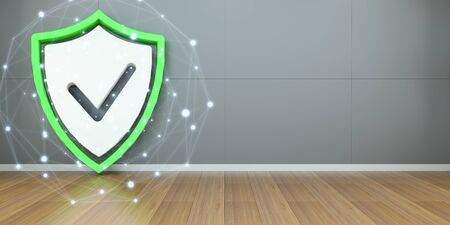 Big shield icons in bright interior with connections 3D renderingの写真素材